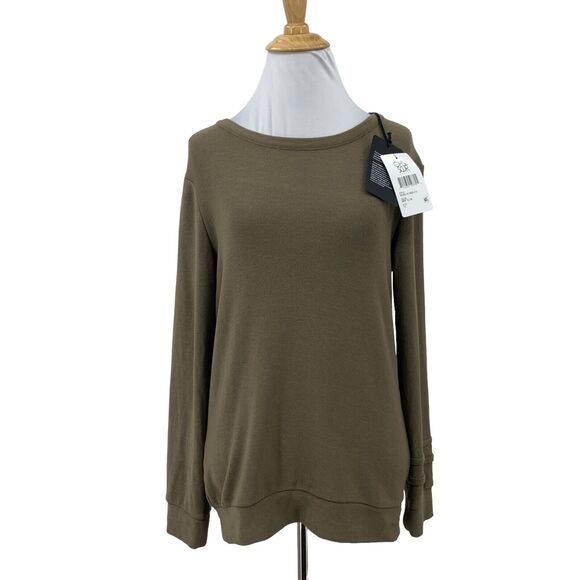 Chaser Sweatshirt Womens 14 Dark Olive Crew Neck Pleated Cuff Long Sleeve Top - Picture 1 of 12